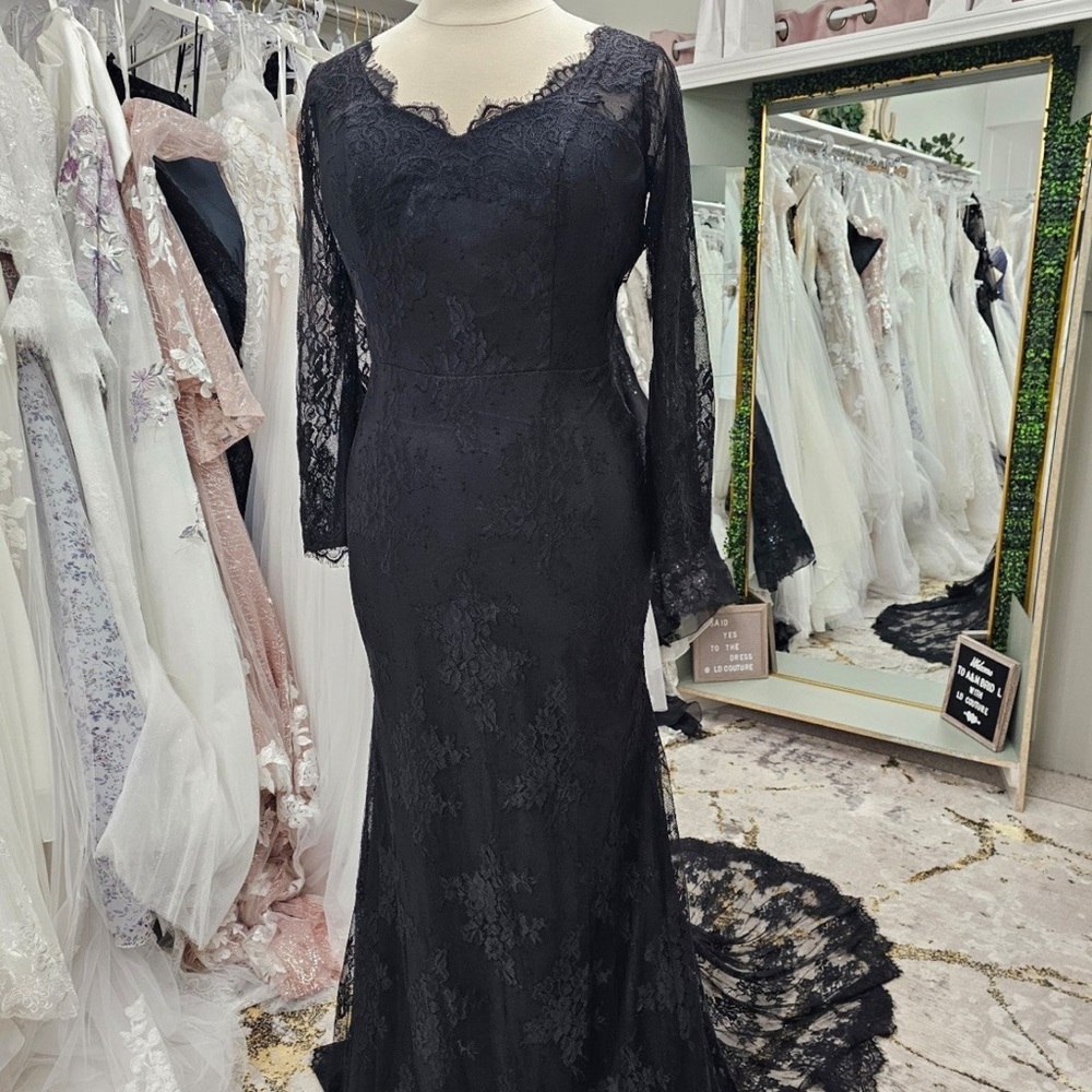 Gothic black lace long bell sleeve open back wedding dress
